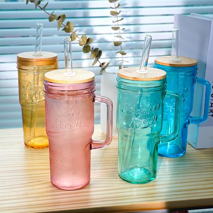 ANOTION Colored Glass Cups with Handle Set of 4, 24oz Glass Cups with Lids and Straws Travel Coffee Mug Bamboo Mason Jar Iced Cup Smoothie Tea Clear Cute Water Drinking Jars Glasses - Image 6