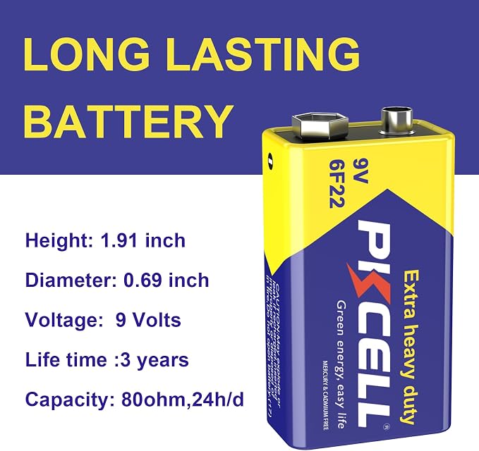 PKCELL 9V Battery Carbon Zinc for Smoke Detectors 6F22 Battery, 10-Year Shelf - Image 3
