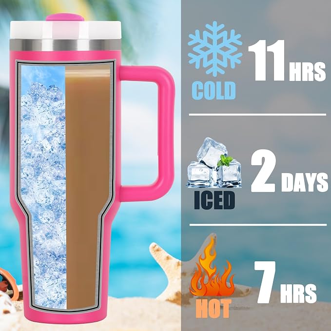 4 Pack 40 Oz Tumblers with Handle Bulk, Double Wall Vacuum Insulated Stainless Steel Tumblers with Lid and Straw, 40 oz Cup with Silicone Spill Proof Stopper Set (Black-2,Hot Pink-2) - Image 4
