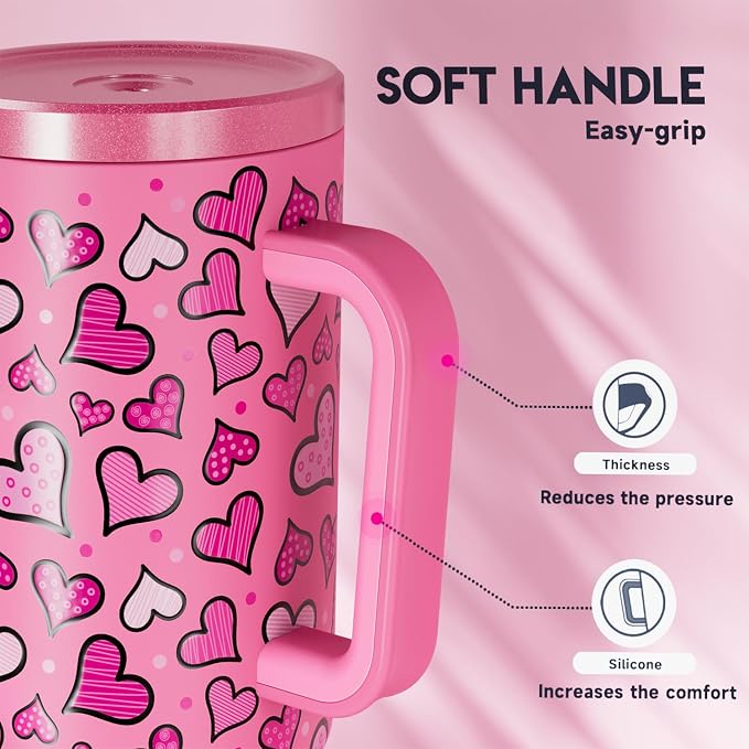 Meoky 40 oz Tumbler with Handle and Straw: Stainless Steel Insulated Tumbler with Lid and Straw - 100% Leak Proof Tumbler for Car Cup Holders - Travelers Commuters Workers, Blush Heart - Image 6