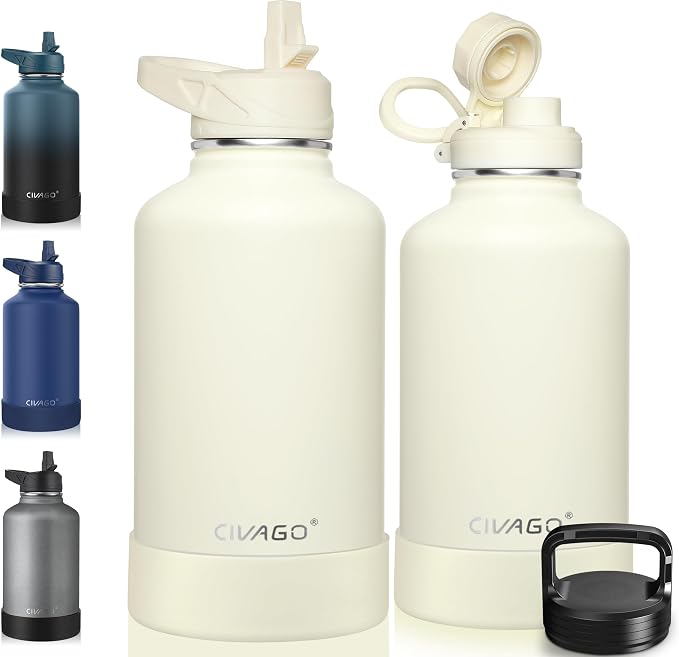 CIVAGO 64 oz Insulated Water Bottle With Straw, Half Gallon Stainless Steel Sports Water Flask Jug with 3 Lids (Straw, Spout and Handle Lid), Large Metal Thermal Cup Mug, Cream by CIVAGO
