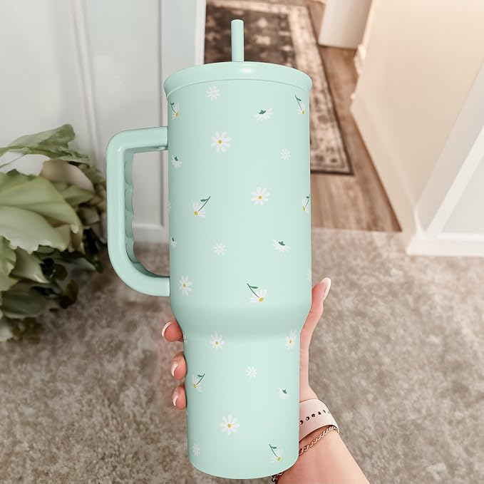 Daisy 40oz Tumbler with Handle and Straw – Flower Insulated Stainless Steel Travel Coffee Mug for Women Girls - Gift Idea for Birthday Christmas Mothers Day - Image 8