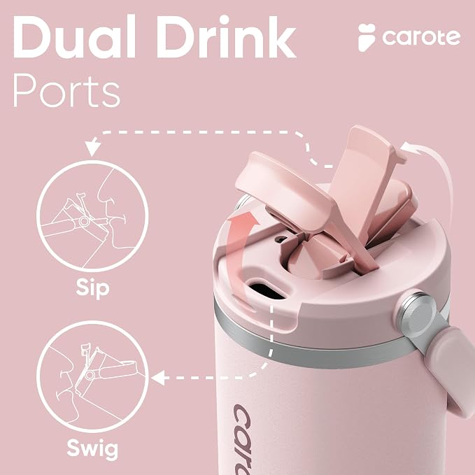 CAROTE 3-Pack Insulated Stainless Steel Water Bottles, Cup Holder Compatible for Travel, Upgraded Leak Proof, 32/32/40 oz Built-In Straw Tumblers Set for Daily Use/Outdoor (Peach) - Image 4
