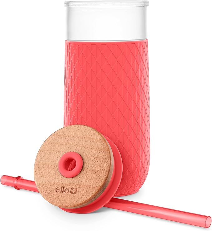 Ello Devon 18oz Glass Tumbler with Straw, Friction Fit Bamboo Wood Lid and Silicone Sleeve | Perfect for Iced Coffee, Tea, and Smoothies - Image 6