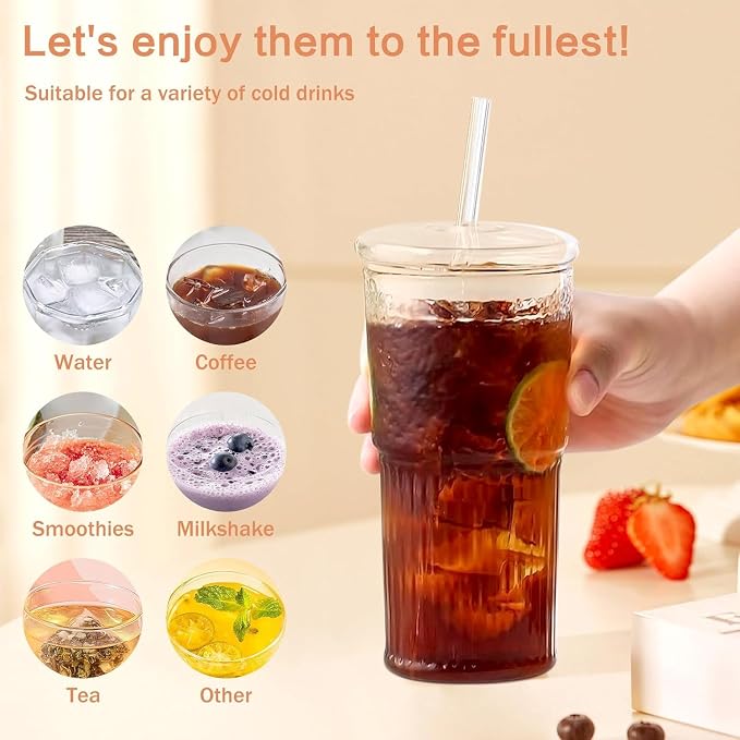 20oz Glass Cups With Glass Lids and Straws, High Borosilicate Iced Coffee Cups, Reusable Glass Tumblers for Coffee, Tea, Juice, Smoothies, Hot/Cold Drinks at Home, Office - 4 Packs - Image 5