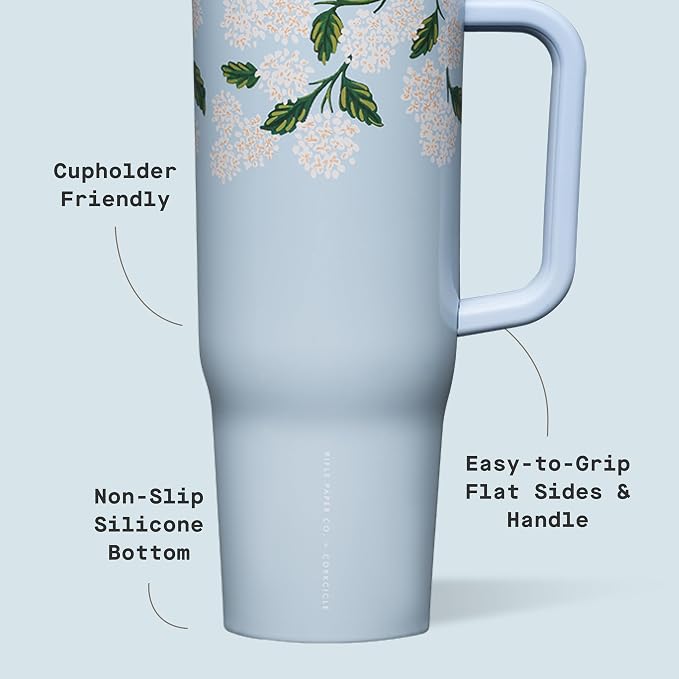 Corkcicle x Rifle Paper Co. Cruiser Insulated Tumbler with Handle & Straw - Keeps Drinks Cold 20 Hours - BPA-Free - 40 oz - Gift for Mom - Great for Mother's Day or Christmas - Gloss Blue Hydrangea - Image 4
