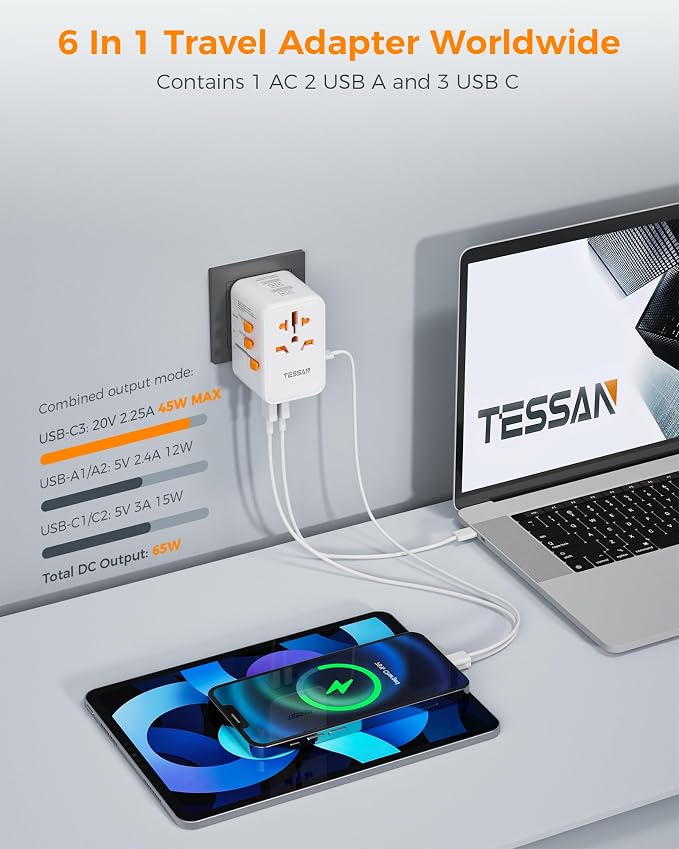 TESSAN Universal Travel Adapter Worldwide, GaN 65W International Plug Adaptor - Image 3