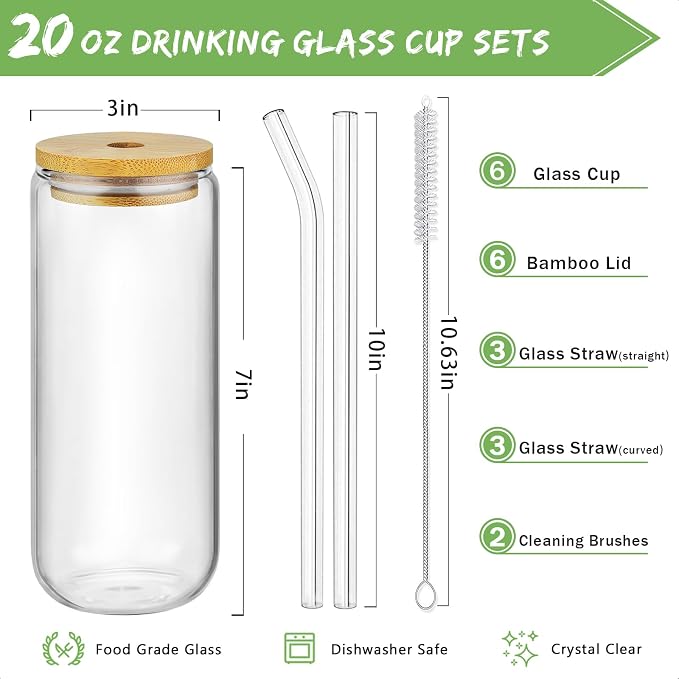SENTVEND 20 Oz Drinking Glasses with Bamboo Lids and Glass Straw - 6 Pcs Glass Cups Beer Ice Coffee Glasses Cute Aesthetic Cup Great for Coffee Bar Accessories Include 2 Cleaning Brushes - Image 2