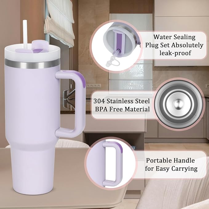 4 Pack 40 Oz Tumbler with Handle Bulk, Double Wall Vacuum Insulated Stainless Steel Tumbler with Lid and Straw, 40 oz cup with Silicone Spill Proof Stopper Set (Purple) - Image 4