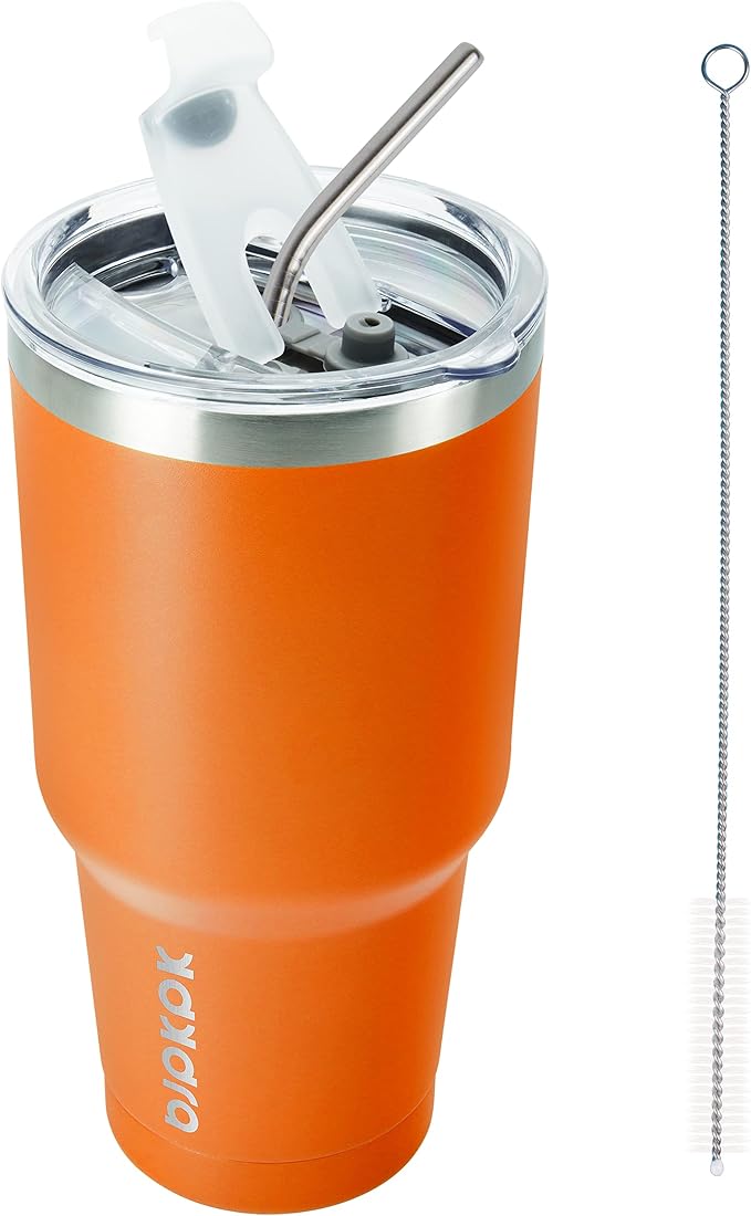 BJPKPK Insulated Tumbler with Clear Flip Lid and Straw, Reusable Stainless Steel Insulated Travel Cup,Orange,30oz by BJPKPK