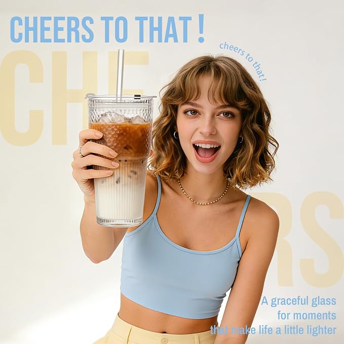 SoulTimes 20oz Glass Tumblers with Lids and Straws, Set of 2 - Stylish Ribbed Design Drinking Glasses for Iced Coffee Cups, Juice, Smoothies, Cold Beverages, Includes Cleaning Brush, Durable Glassware - Image 9