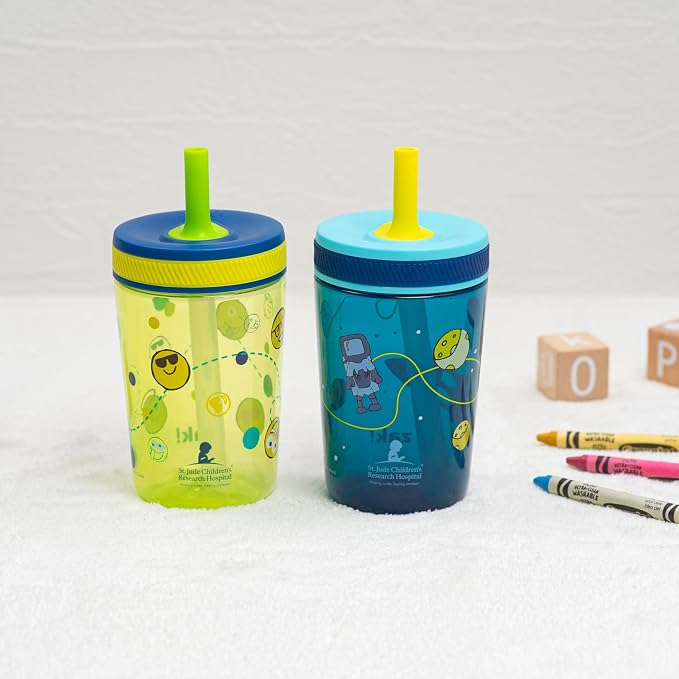 Zak Designs St. Jude Kelso Toddler Tumblers For Travel or At Home, 15oz 2-Pack Durable Plastic Sippy Cups With Leak-Proof Design is Perfect For Kids (Space and Smiles) - Image 3