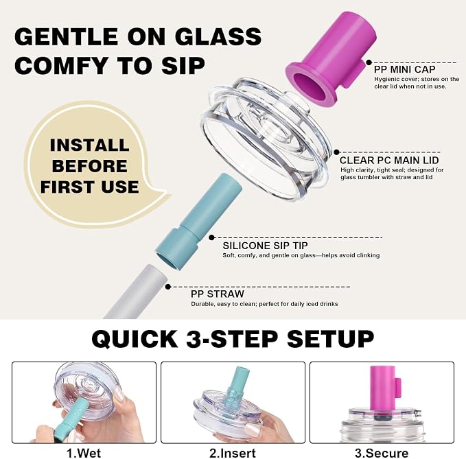 ANOTION 2pc Glass Tumbler with Lids and Straws, Leakproof 24oz Mason Jar Cups, Cap Cup Leak-Proof, Self-Assembly Silicone Straw, Reusable Iced Coffee Smoothie Matcha Cup Aesthetic Coffee Gifts Women - Image 5