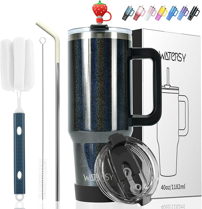 30 oz Shiny Tumbler with Handle and Straw,Stainless Steel Tumbler with Lid and Straw,Insulated Travel Mug(Cold for 34 Hours),Water Bottle for Iced Tea,Coffee (Black) by Watersy
