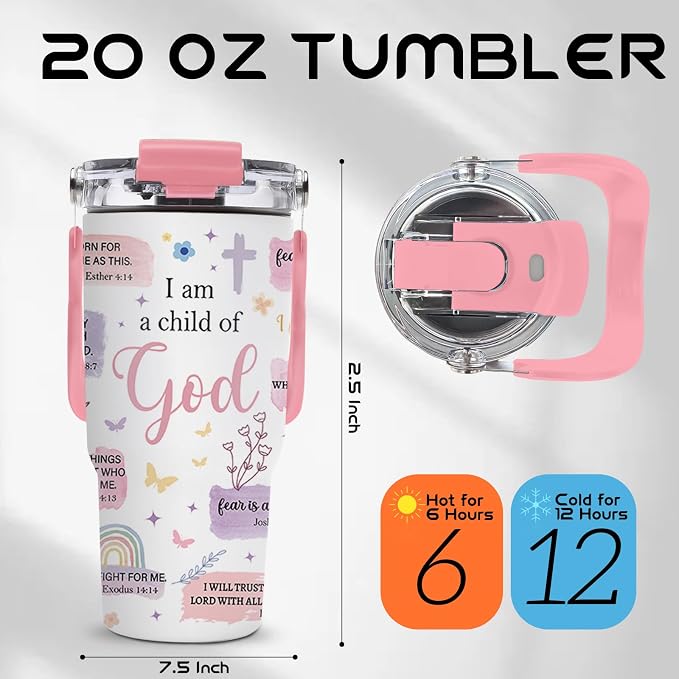 Christian Gifts for Women - 20oz I'm A Child of God Tumblers - God Tumbler with Straw & Top Handle, Leak-proof, BPA-free, Double Wall Insulated Stainless Steel Coffee Tumbler Gifts Cup for Christian - Image 2