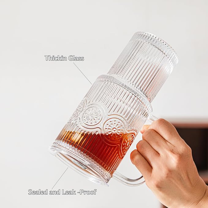 INSETLAN 26oz Ribbed & Floral Glass Tumblers with Handle and Lid, Set of 2 –Reusable Iced Coffee Cups with Straw, Glass Mugs for Water, Smoothies, Tea, and Juice – Ideal for Travel & Daily Use - Image 5