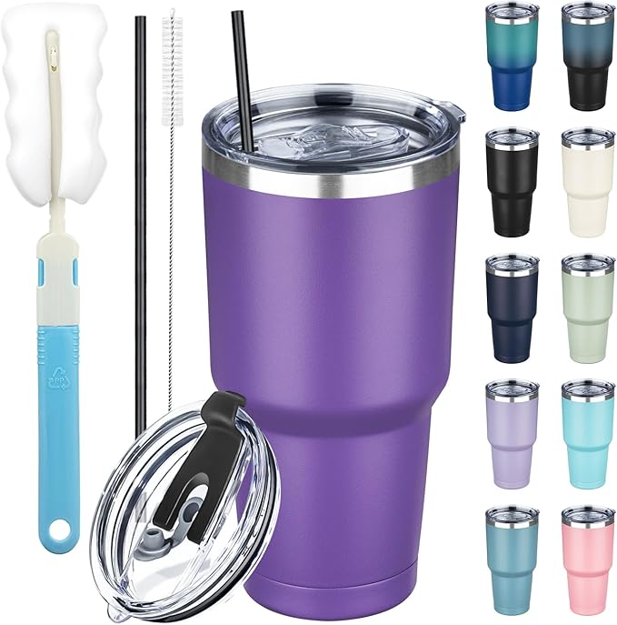 30 oz Tumbler with Lids and Straws, Stainless Steel Insulated Coffee Tumbler, Double Wall Vacuum Insulated Travel Mug Cup, Leakproof Thermal Coffee Cup for Hot and Cold Drinks (Purple) by GUDEMAO