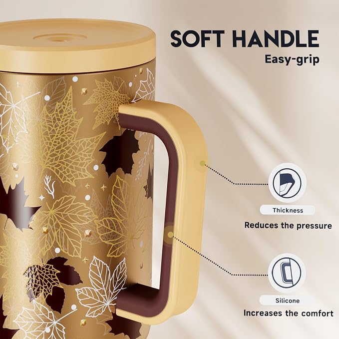 Meoky 40 oz Tumbler with Handle and Straw: Stainless Steel Insulated Tumbler with Lid and Straw - 100% Leak Proof Tumbler for Car Cup Holders - Travelers Commuters Workers, Maple - Image 6