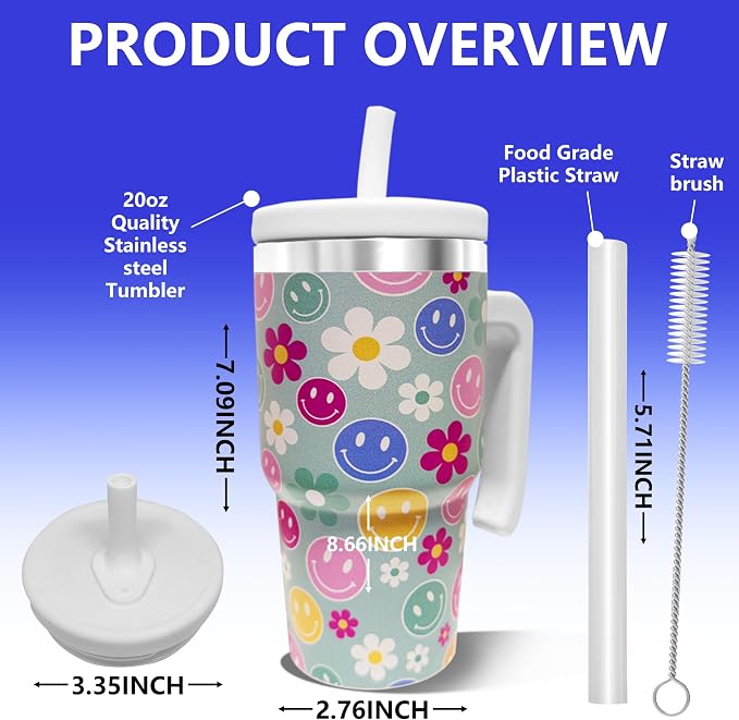 2PCS 20-OZ Insulated Water Bottle,Insulated Stainless Steel Tumbler,Reusable Cold Drink Thermos,BPA-Free, Double-Wall Stainless Steel Water Bottle (Green-Simleyface Flowers, 20, Fluid Ounces) - Image 2