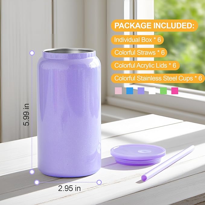 6 Pack Glass Cups with Lids and Straws Unbreakable 16 oz Stainless Steel Can Cup Double Wall Insulated Beer Can Tumbler for Iced Coffee, Juice, Soda, Iridescent-Colored - Image 7