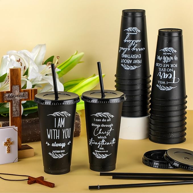Havawish 48 Pcs Mothers Day Christian Tumbler Gift Bulk Religious Inspirational 24 oz Drinking Jesus Cup with Lid Straw Bible Verse Plastic Cup for Church Father Teacher First Communion (Black) - Image 5