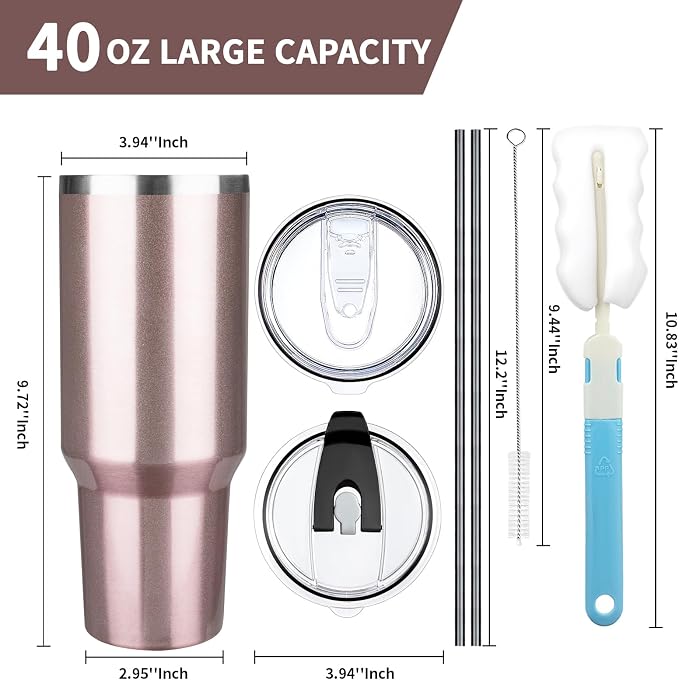 40 oz Tumbler with Lids and Straws, Stainless Steel Insulated Coffee Tumbler, Double Wall Vacuum Insulated Travel Mug Cup, Leakproof Thermal Coffee Cup for Hot and Cold Drinks (Rose Gold) - Image 2