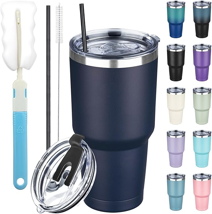 30 oz Tumbler with Lids and Straws, Stainless Steel Insulated Coffee Tumbler, Double Wall Vacuum Insulated Travel Mug Cup, Leakproof Thermal Coffee Cup for Hot and Cold Drinks (Navy Blue) by GUDEMAO