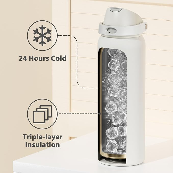 40 oz Insulated Water Bottle with Straw: Meoky Stainless Steel Metal Water Bottle with 2-in-1 Lid - Leak Proof, Cold for 24 Hours, Protective Silicone Base, BPA-Free for Sports Gym, Ivory - Image 5
