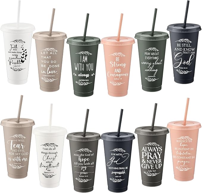 Havawish 12 Pcs Mothers Day Christian Tumbler Gift Bulk Religious Inspirational 24 oz Drinking Jesus Cup with Lid Straw Bible Verse Plastic Cup for Church Father Teacher First Communion (Vivid Color) by Havawish