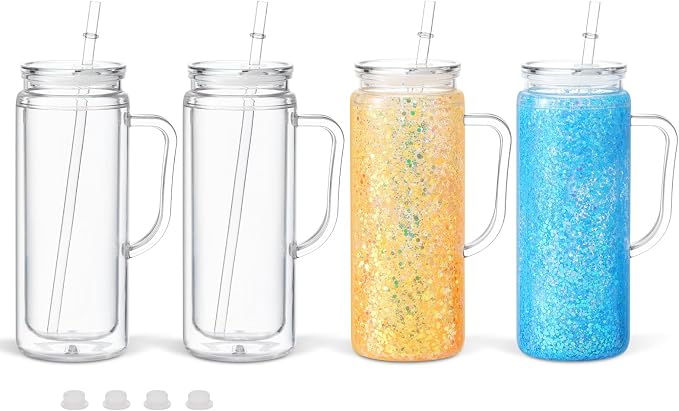 20 Oz Acrylic Snow Globe Tumbler Cup with Handle, Double Wall Plastic Snowglobe Tumbler with Pre-Drilled Hole and Plug for Glitter DIY, 4 Pack by Unknown