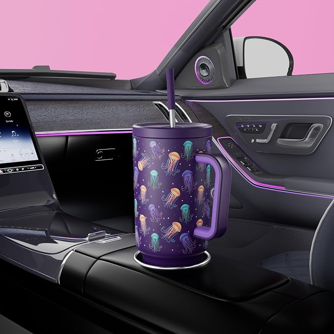 Meoky 40 oz Tumbler with Handle and Straw: Glow in the Dark Tumbler with Lid and Straw - Stainless Steel Insulated Tumbler for Car Cup Holders - Travelers Commuters Workers, Jellyfish - Image 5