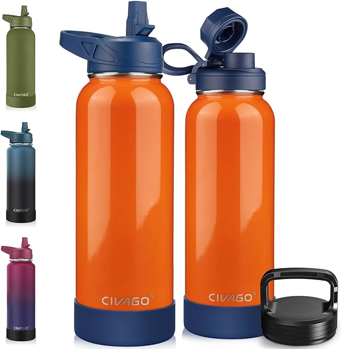 CIVAGO 40 oz Insulated Water Bottle With Straw, Stainless Steel Sports Water Cup Flask with 3 Lids (Straw, Spout and Handle Lid), Double Walled Travel Thermal Canteen Mug, Deep Orange by CIVAGO