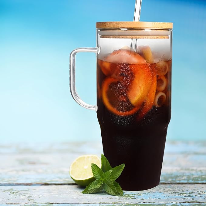 ANOTION Glass Cups with Lids and Straws - 40 Oz Tumbler with Handle and Straw Glass Water Bottles Drinking Glasses with Straws Iced Coffee Cups Travel Coffee Mug Smoothie Tumbler - Image 7