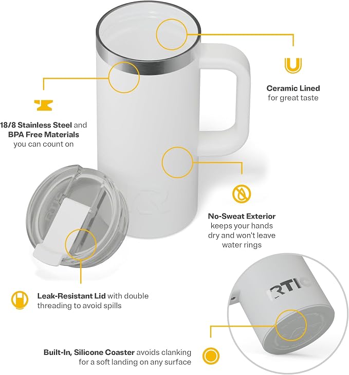 RTIC 16oz Road Trip Travel Mug with Lid and Handle, Ceramic Lined, Insulated, Stainless Steel, Metal, Double Wall Vacuum-Insulation, Portable Coffee, Tea Cup for Hot and Cold Drink, White - Image 4