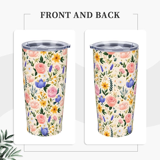 Floral Tumbler with Lid and Straw 20oz Vacuum Insulated Coffee Cup Stainless Steel Tumblers Leakproof Travel Mug Present for Women Men - Image 5