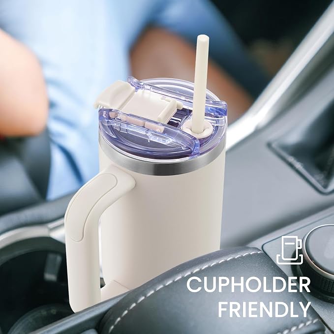 30 oz Tumbler with Handle, Tumbler with Lid and Straw, Double Wall Vacuum Insulated Travel Mug Stainless Steel Tumbler for Hot and Cold, Cupholder Friendly (Almond Birch) - Image 5