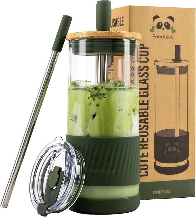 Pandaloo® Glass Cups With Lids and Straws -20 Fl Oz- Perfect Size Iced Coffee Cup - Smoothie Cup With Bamboo Lid and On the go Lid - Glass Tumbler With Straw (1 Count (Pack of 1), Mediterranean Olive) by Pandaloo