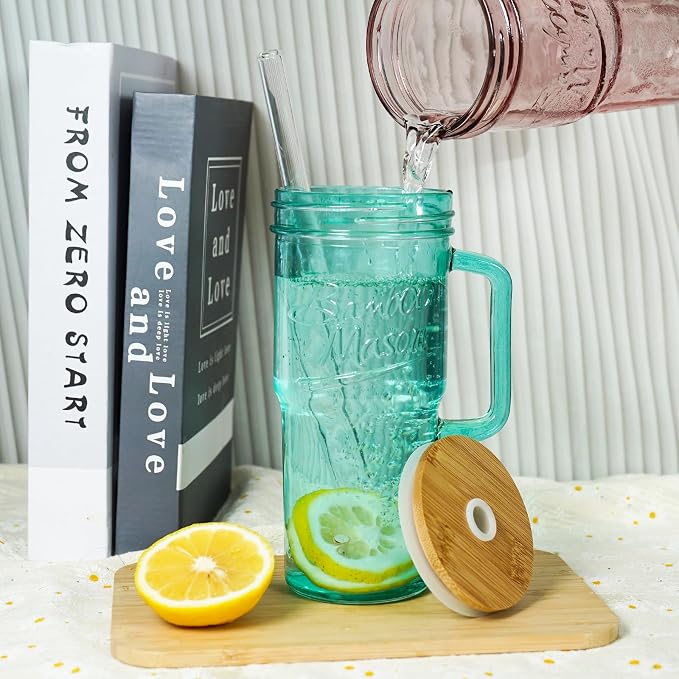ANOTION Colored Glass Cups with Handle Set of 4, 24oz Glass Cups with Lids and Straws Travel Coffee Mug Bamboo Mason Jar Iced Cup Smoothie Tea Clear Cute Water Drinking Jars Glasses - Image 7
