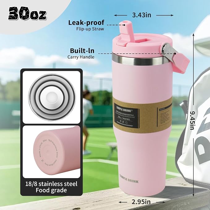 30oz Flip Straw Insulated Tumbler with Handle, Leak Proof Stainless Steel Water Bottle, Double Wall Vacuum Travel Coffee Mug for Cold Drinks, Gym Office Travel Essentials - Image 2