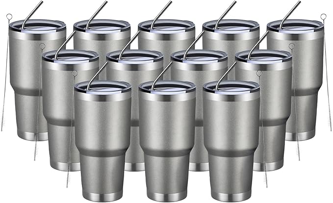 MEWAY 30oz Insulated Tumbler With Lids and Straws,Stainless Steel Double Vacuum Coffee Tumbler Cup, Brush, Durable Powder Coated Coffee Cup for Cold & Hot Drinks, Office, Travel(Cold Grey,12 PACK) by MEWAY