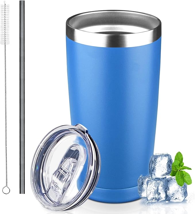 20 oz Tumbler with Lids and Straws, Stainless Steel Insulated Coffee Tumbler, Double Wall Vacuum Insulated Travel Mug Cup, Leakproof Thermal Coffee Cup for Hot and Cold Drinks (Sea Blue) by GUDEMAO