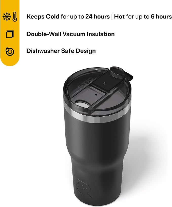 RTIC 30oz Essential Tumbler with Lid, Ceramic Lined, Insulated, Stainless Steel, Metal, Double Wall Vacuum-Insulation, Travel Cup for Iced Coffee, Tea, Hot and Cold Drink, Black - Image 3