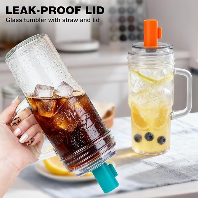 ANOTION Bamboo Mason Leakproof Mason Jar Cups with Lids and Straws, Cap Cup 24oz Glass Tumbler with Handle, Rotating Lid Silicone Straw, Reusable Iced Coffee Matcha Cup Coffee Gifts for Women 2pc - Image 4