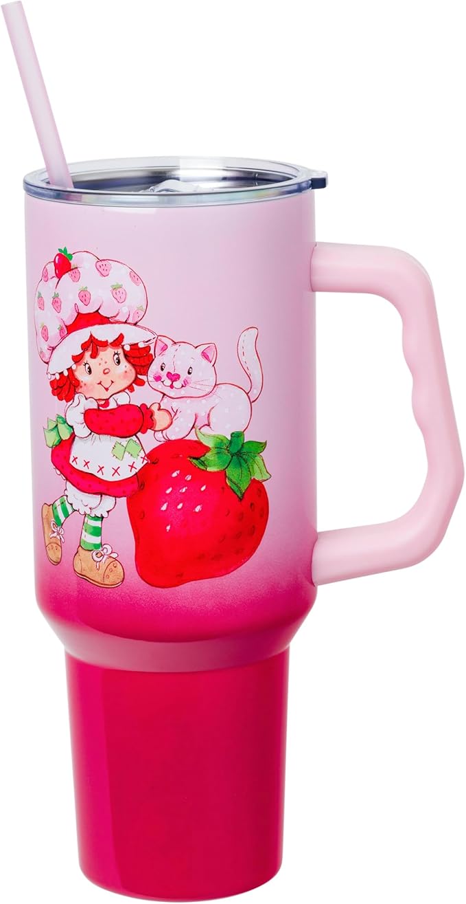 Silver Buffalo Strawberry Shortcake and Custard Vintage Berry Ombre Double Walled Stainless Steel Tumbler with Handle and Straw, Fits in Standard Cup Holder, 40 Ounces by SilverBuffalo