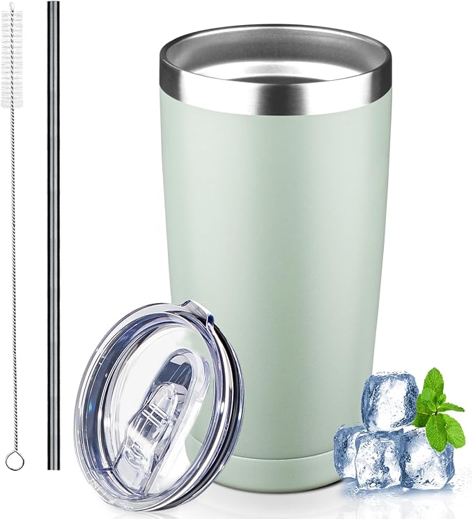 20 oz Tumbler with Lids and Straws, Stainless Steel Insulated Coffee Tumbler, Double Wall Vacuum Insulated Travel Mug Cup, Leakproof Thermal Coffee Cup for Hot and Cold Drinks (green tea) by GUDEMAO