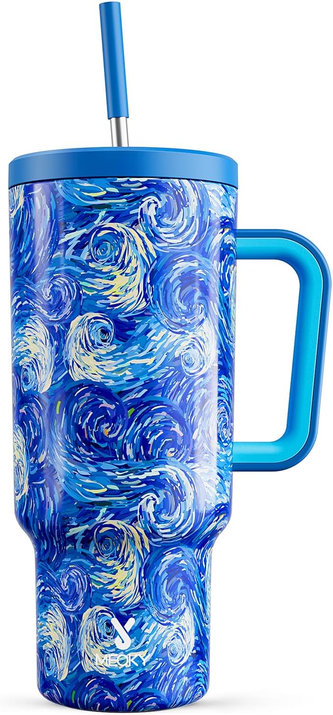 Meoky Tumbler with Handle and Straw for Women: 40 oz Stainless Steel Insulated Tumbler with Lid and Straw 100% Leakproof for Car Cup Holders - Travelers Commuters Workers, Van Gogh by MEOKY