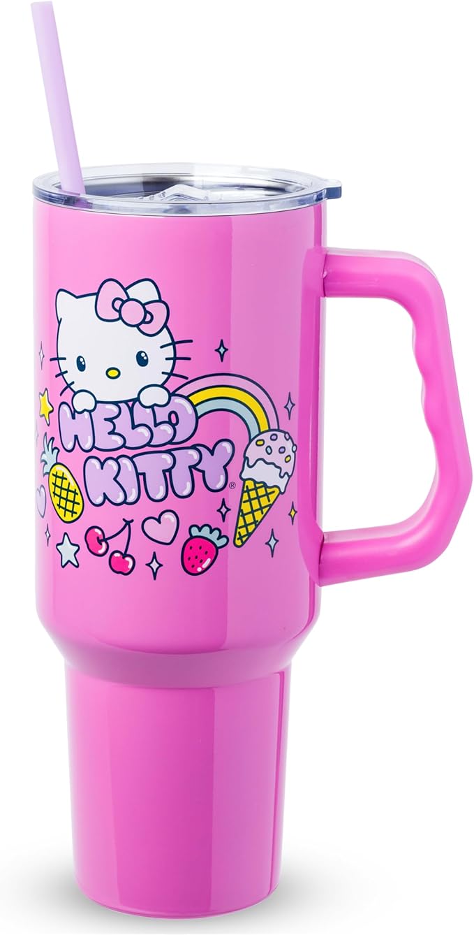 Silver Buffalo Sanrio Hello Kitty Summer Double Walled Stainless Steel Tumbler with Handle, Fits in Standard Cup Holder, 40 Ounces by SilverBuffalo