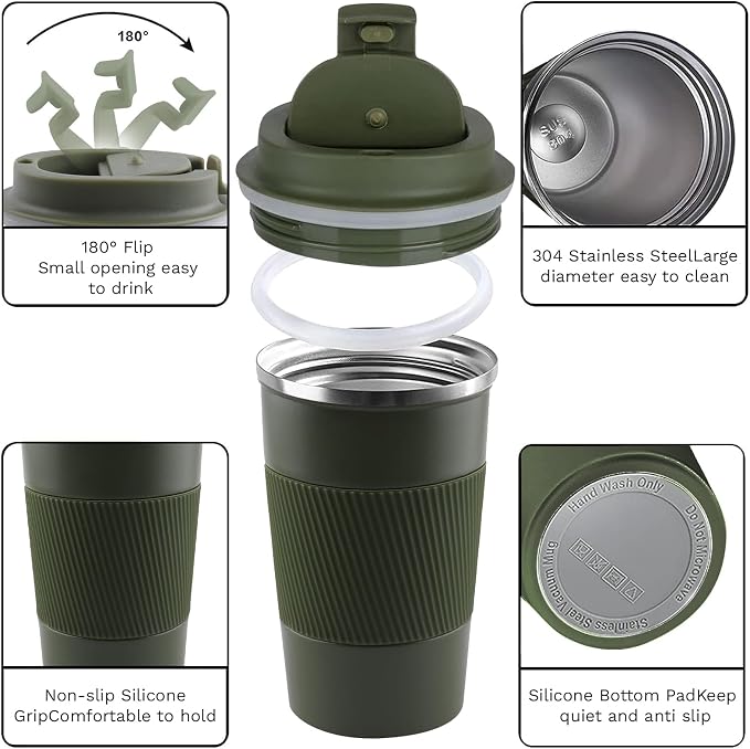 YINBAOGE Insulated Travel Coffee Mug, Spill & Leak Proof, Portable To Go Camping Stainless Steel Coffee Tumbler, Reusable Thermal Coffee Cup with Lid for Hot & Cold Drinks (Green, 17 OZ) - Image 3