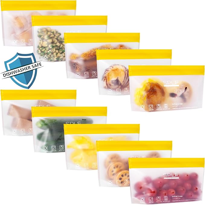 SPLF 10 Pack Stand-Up Reusable Snack Bags Dishwasher Safe, BPA Free Food by SPLF