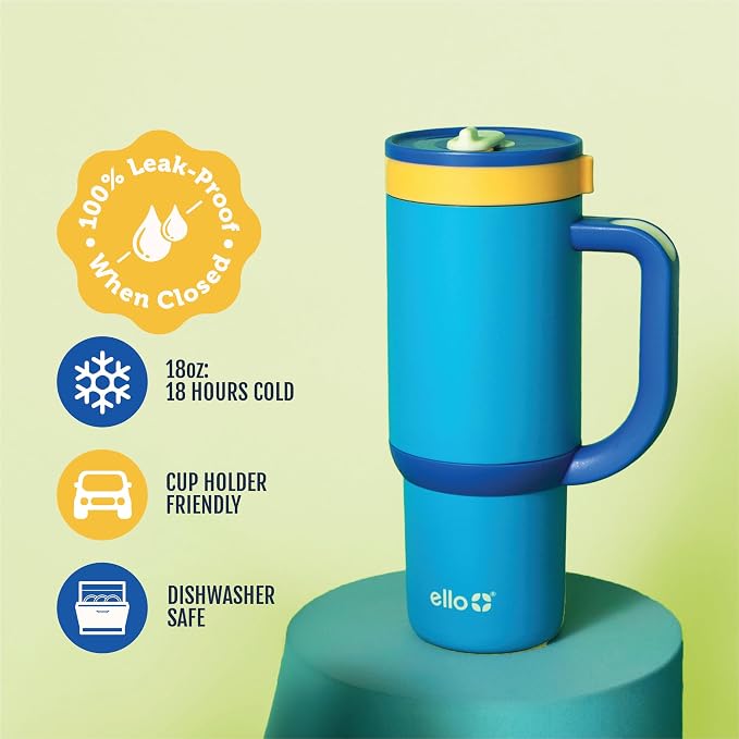 Ello Oasis 18oz Kids Tumbler with Handle & Retracting Straw, 100% Leakproof Reusable Insulated Stainless Steel Cup, Gifts for Teens Girls Boys, Keeps cold for 18 Hours, Cup Holder Friendly, Glacier - Image 3
